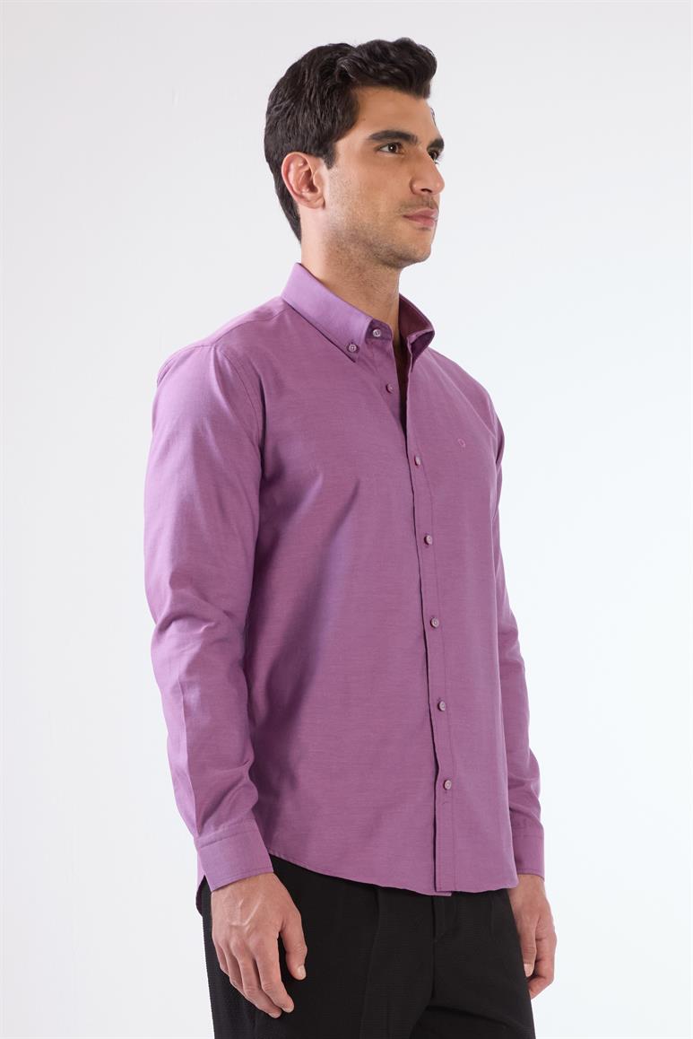 Koyu Lila Erkek Slim Fit Düz Brent Düğmeli Yaka Uzun Kol Gömlek 