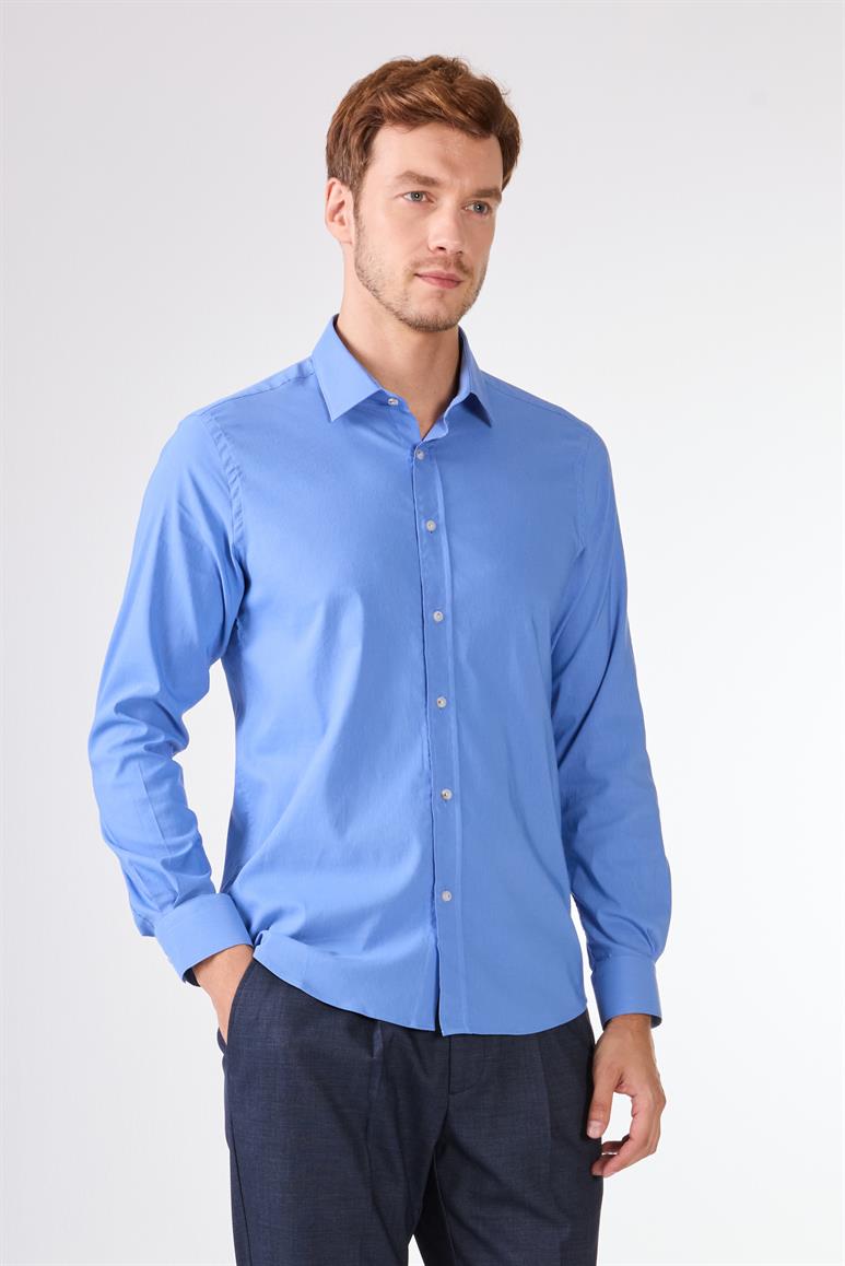 Koyu Mavi Erkek Slim Fit Düz Klasik Yaka Uzun Kol  Gömlek 