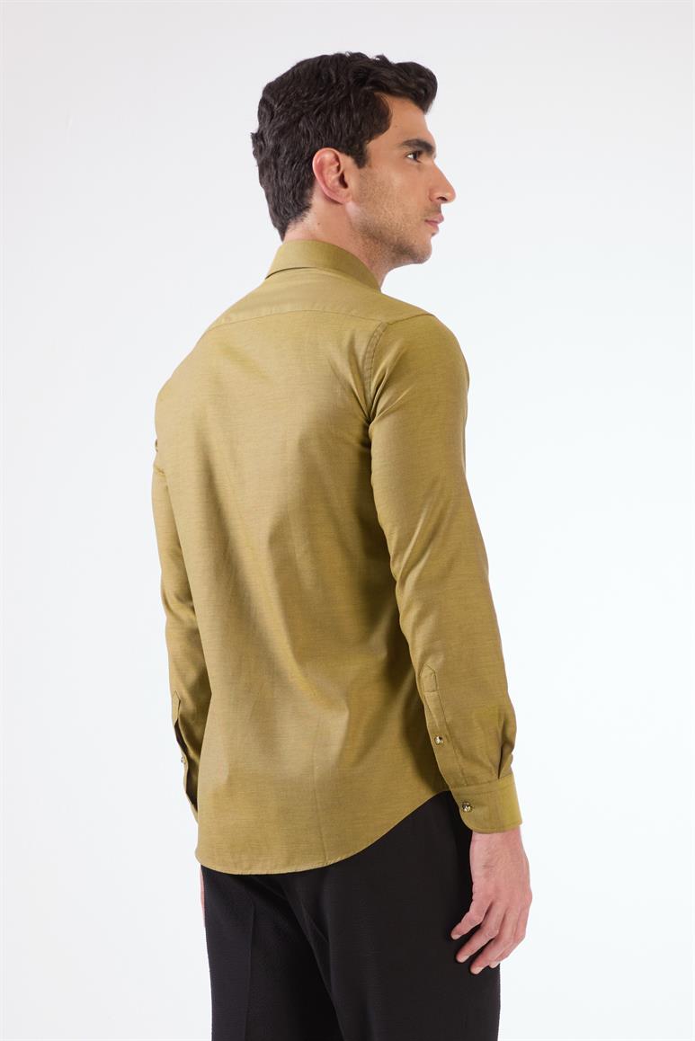 Koyu Sarı Erkek Slim Fit Düz Brent Düğmeli Yaka Uzun Kol Gömlek 