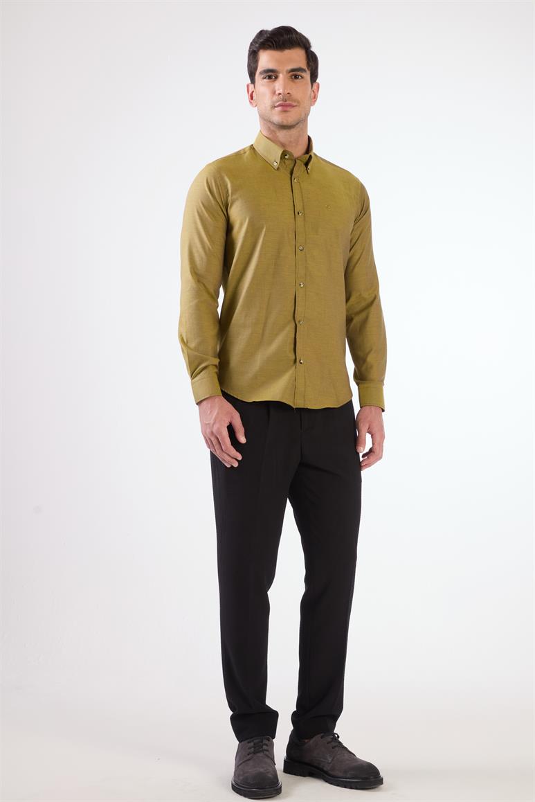 Koyu Sarı Erkek Slim Fit Düz Brent Düğmeli Yaka Uzun Kol Gömlek 