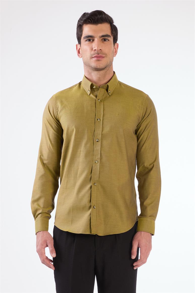Koyu Sarı Erkek Slim Fit Düz Brent Düğmeli Yaka Uzun Kol Gömlek 