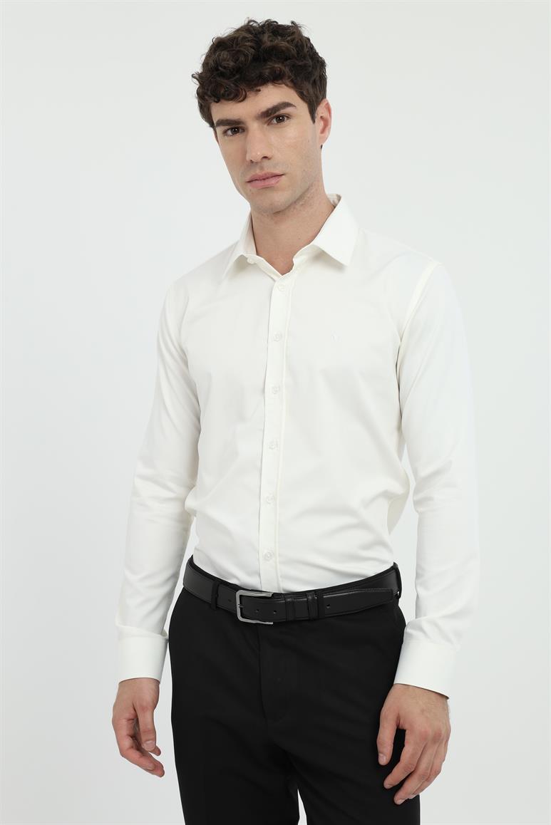 Krem Klasik Yaka Slim Fit Gömlek 