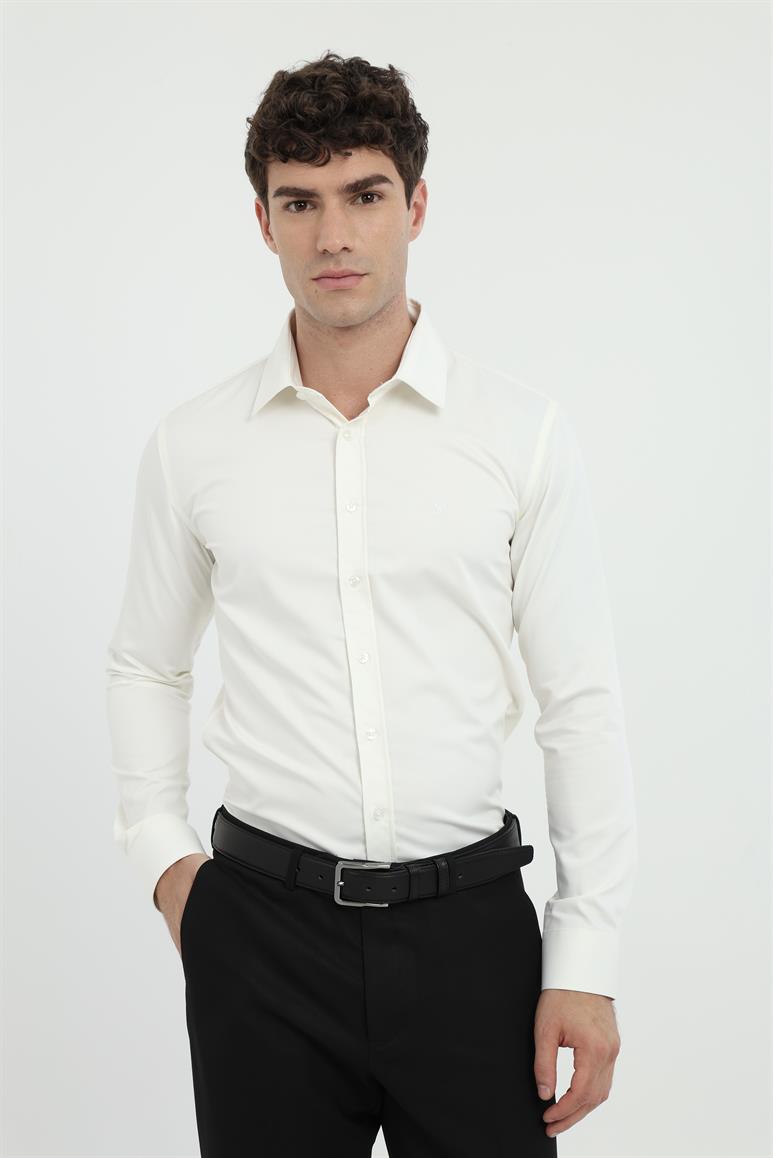 Krem Klasik Yaka Slim Fit Gömlek 