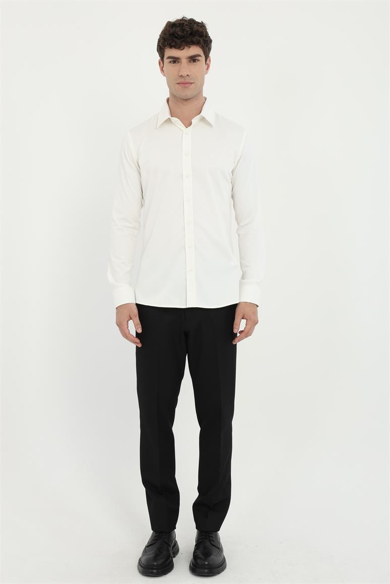 Krem Klasik Yaka Slim Fit Gömlek 