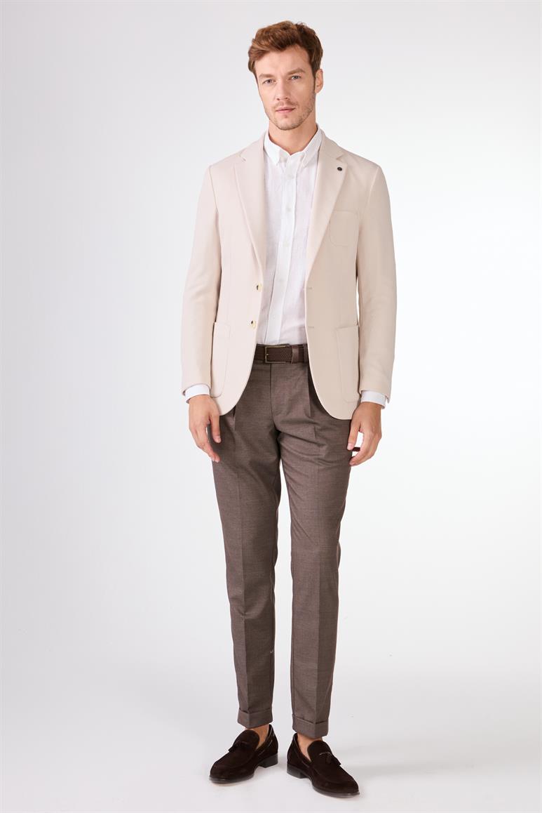 Krem Erkek Slim Fit Düz Mono Yaka Casual Ceket 