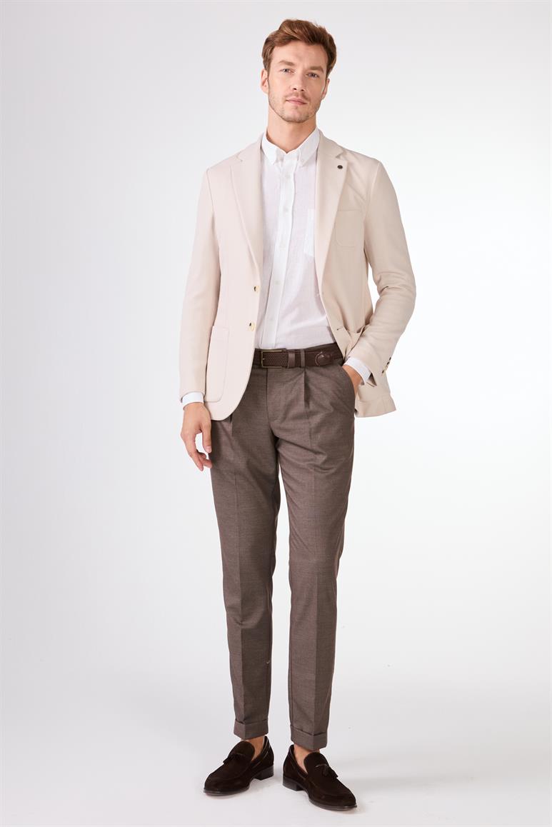 Krem Erkek Slim Fit Düz Mono Yaka Casual Ceket 