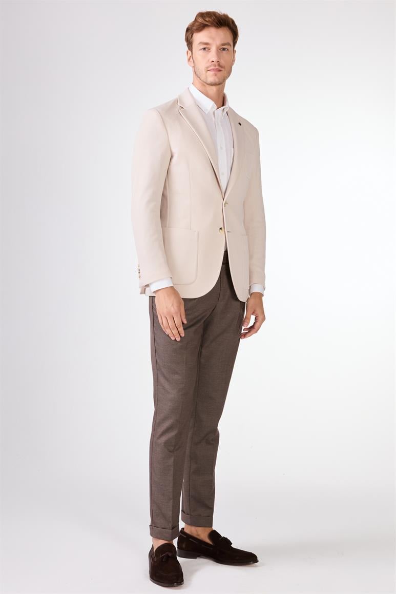 Krem Erkek Slim Fit Düz Mono Yaka Casual Ceket 