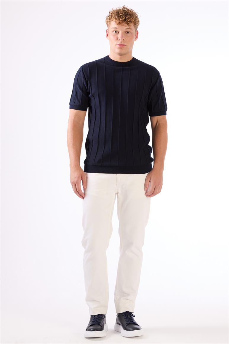 Lacivert Çizgili Desen Kısa Kol Slim Fit Erkek Triko