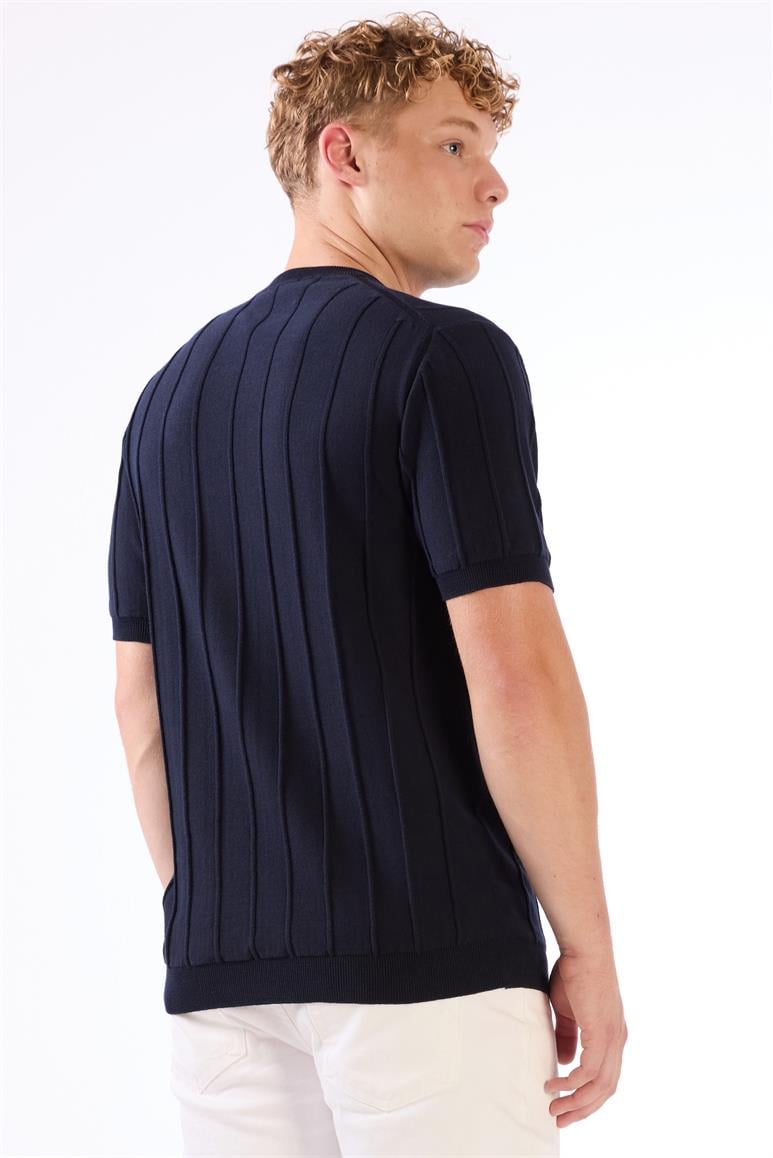 Lacivert Çizgili Desen Kısa Kol Slim Fit Erkek Triko