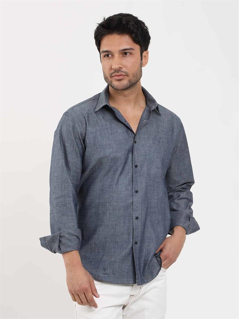 Lacivert Erkek Regular Fit Melanj Desenli Düğmeli Yaka Uzun Kol Gömlek 