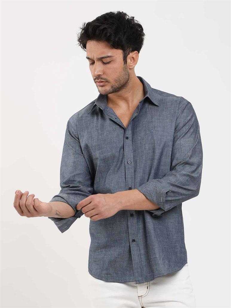 Lacivert Erkek Regular Fit Melanj Desenli Düğmeli Yaka Uzun Kol Gömlek 