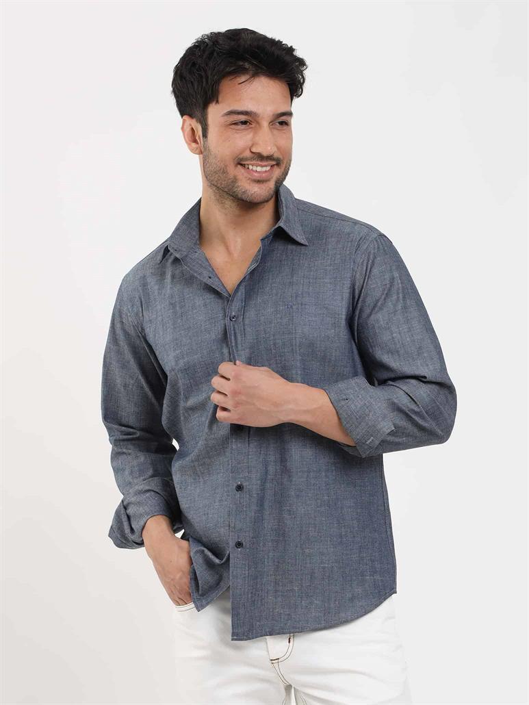 Lacivert Erkek Regular Fit Melanj Desenli Düğmeli Yaka Uzun Kol Gömlek 