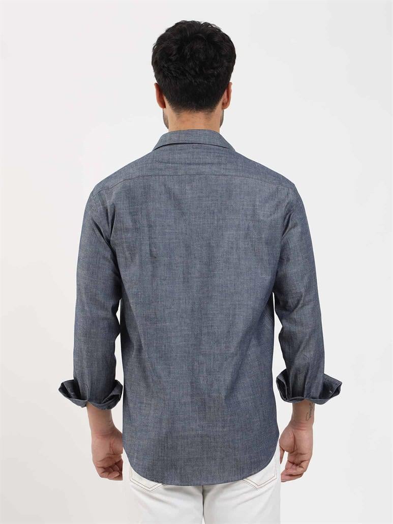 Lacivert Erkek Regular Fit Melanj Desenli Düğmeli Yaka Uzun Kol Gömlek 