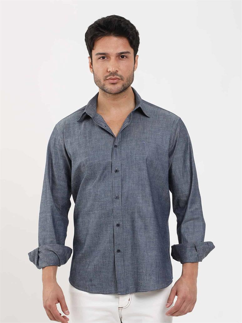 Lacivert Erkek Regular Fit Melanj Desenli Düğmeli Yaka Uzun Kol Gömlek 