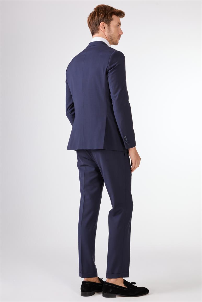 Lacivert Düz Renk Yünlü Slim Fit Erkek Takım Elbise 