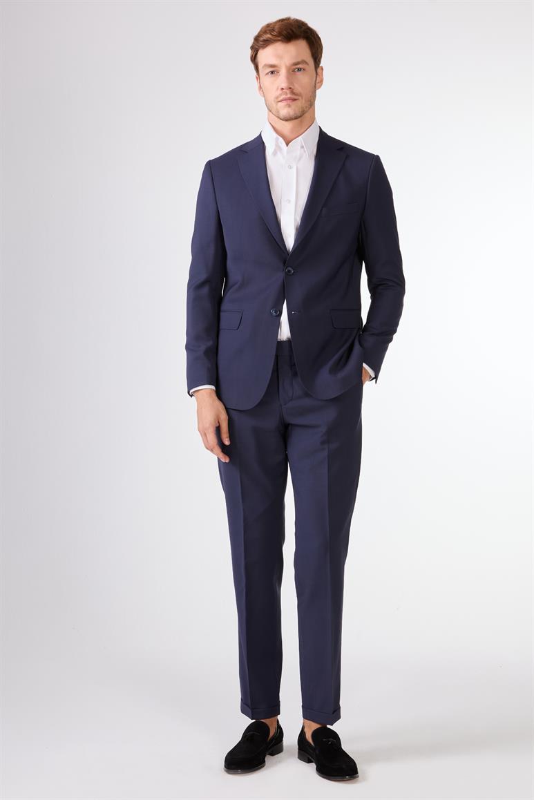 Lacivert Düz Renk Yünlü Slim Fit Erkek Takım Elbise 