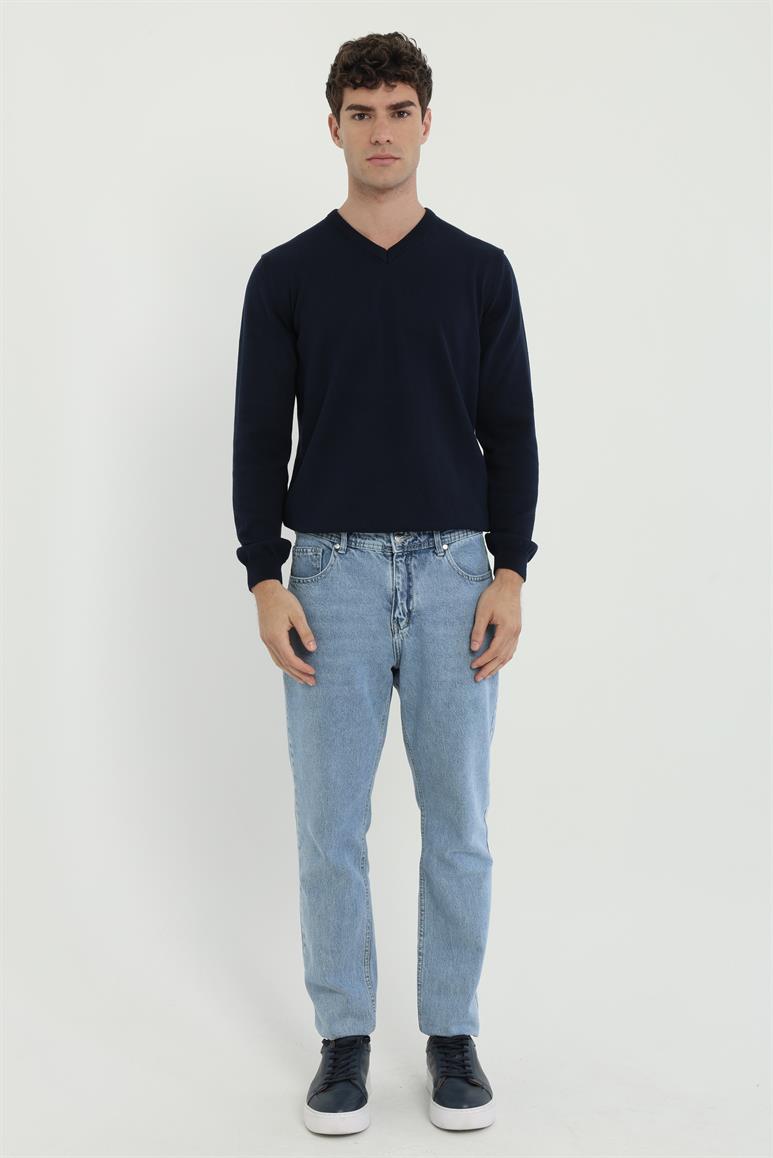 Lacivert V Yaka Regular Fit Düz Erkek Triko
