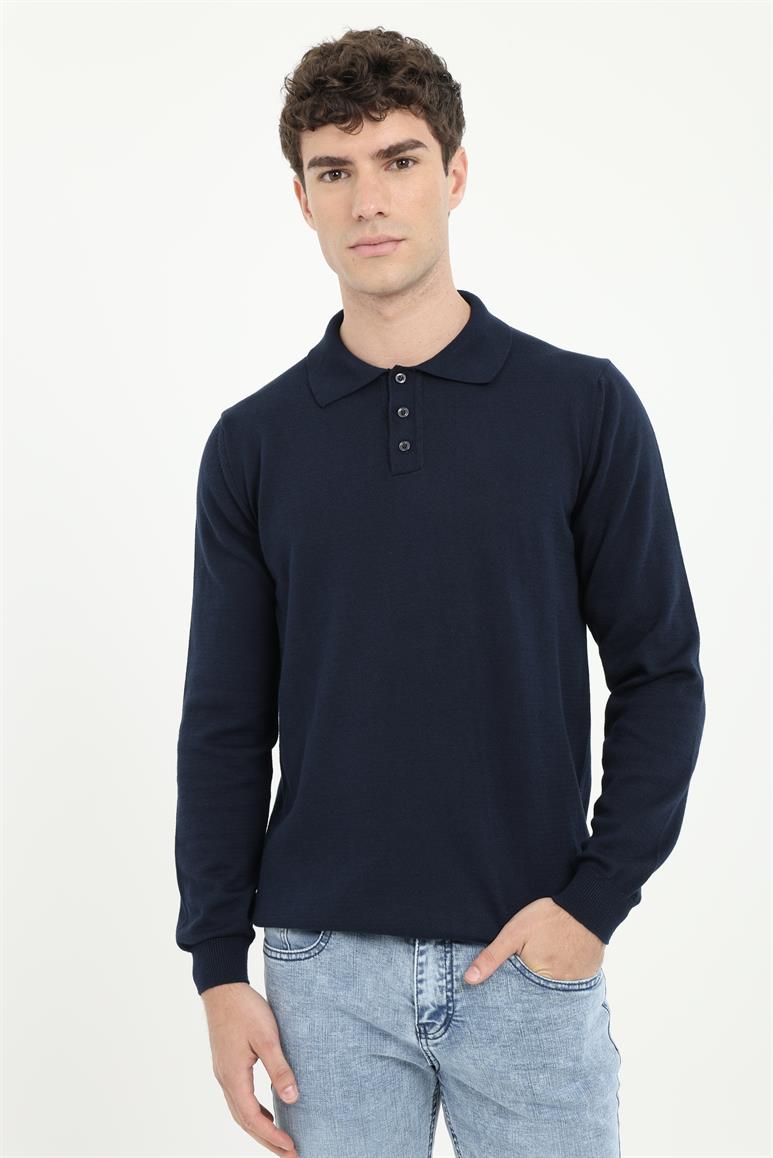 Lacivert Polo Yaka Uzun Kol Regular Fit Erkek Triko