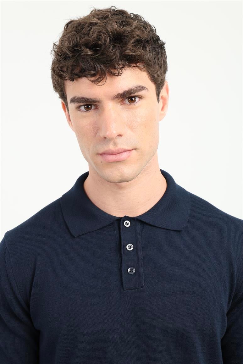 Lacivert Polo Yaka Uzun Kol Regular Fit Erkek Triko