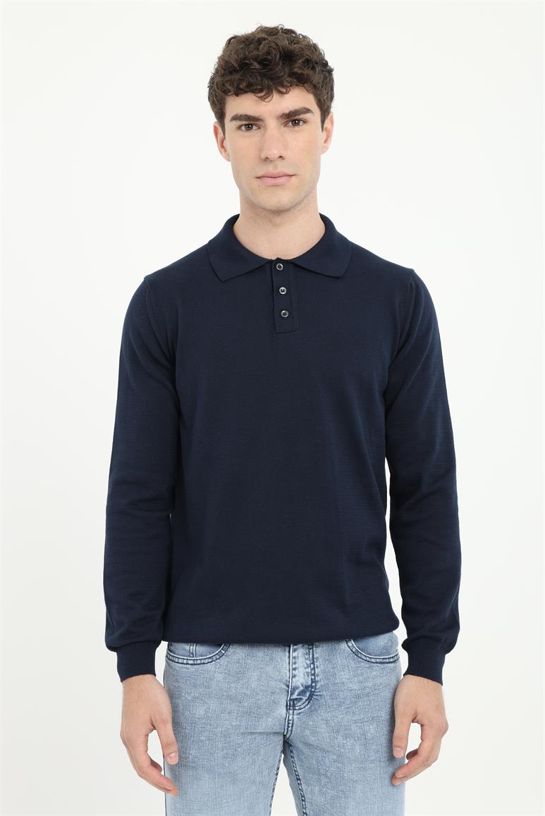 Lacivert Polo Yaka Uzun Kol Regular Fit Erkek Triko
