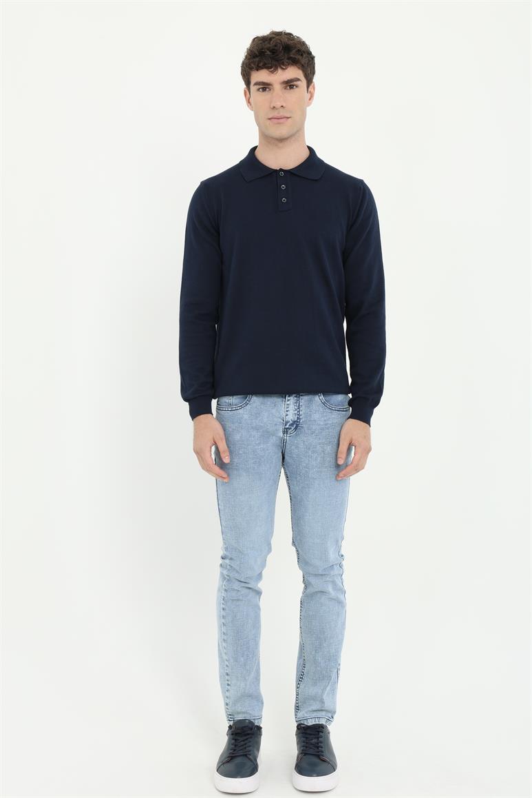 Lacivert Polo Yaka Uzun Kol Regular Fit Erkek Triko