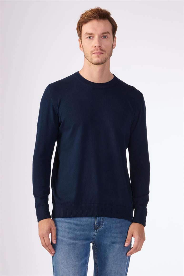 Lacivert Bisiklet Yaka %100 Pamuk Düz Renk Slim Fit Erkek Triko