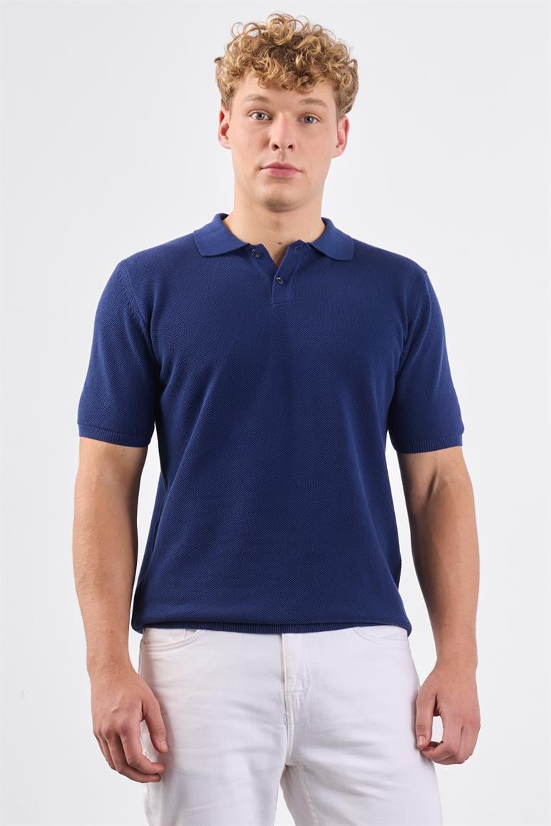 Lacivert Polo Düğme Yaka Düz Renk Slim Fit Erkek Triko