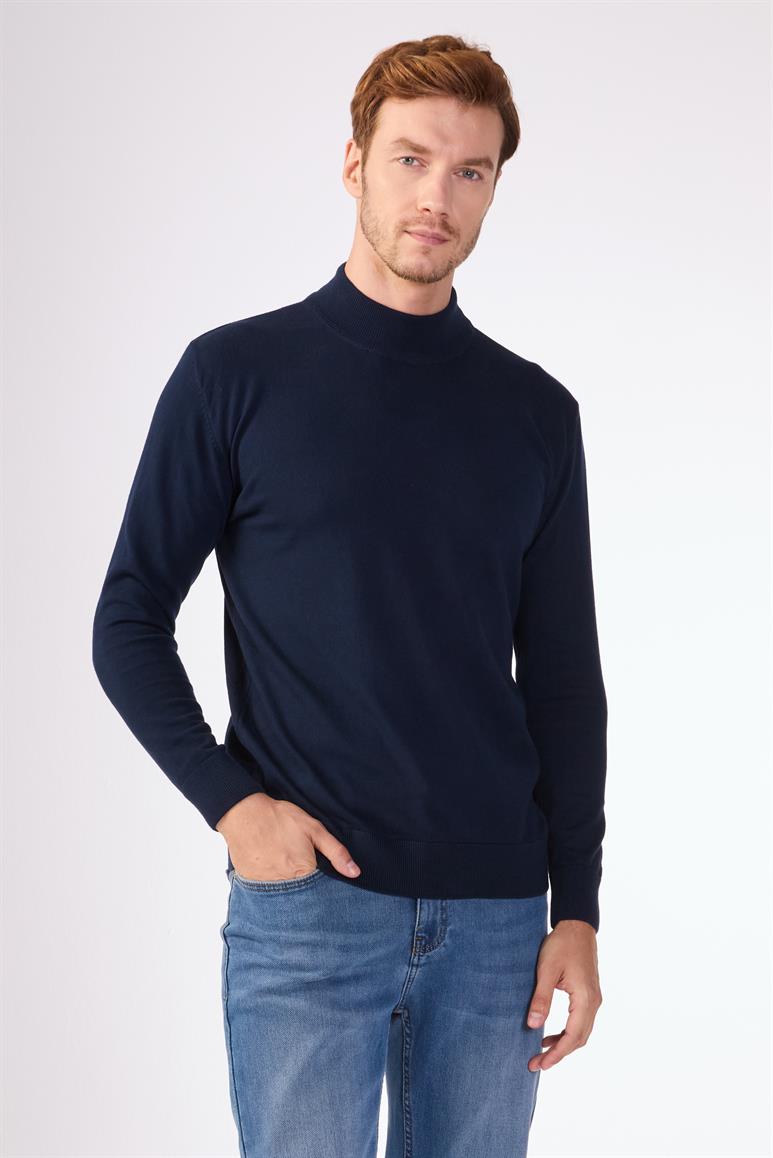 Lacivert Yarım Balıkçı %100 Pamuk Düz Renk Slim Fit Erkek Triko