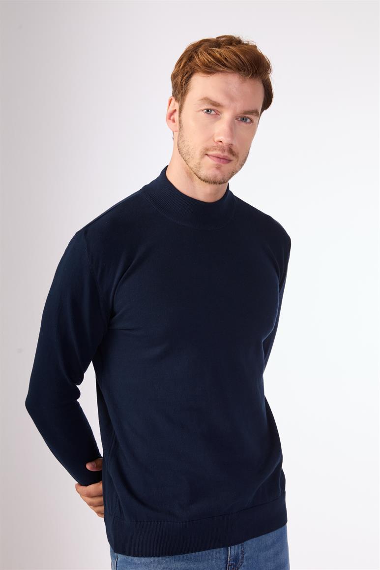 Lacivert Yarım Balıkçı %100 Pamuk Düz Renk Slim Fit Erkek Triko