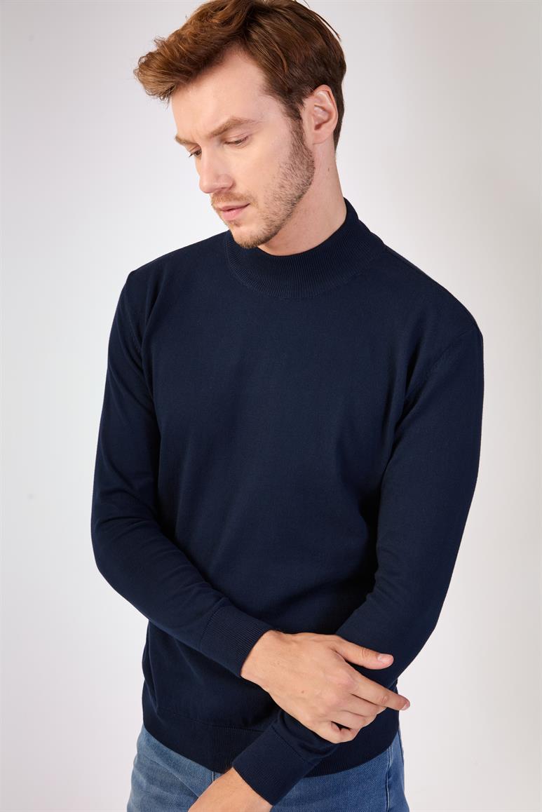 Lacivert Yarım Balıkçı %100 Pamuk Düz Renk Slim Fit Erkek Triko