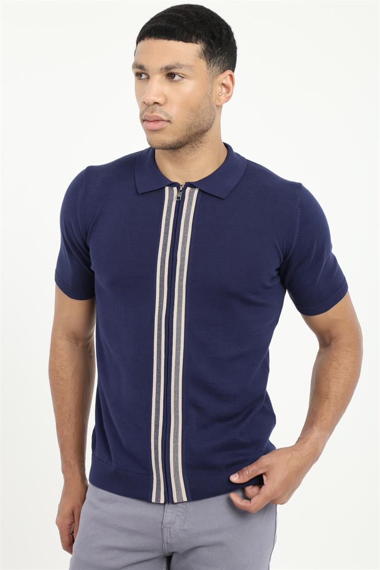 Lacivert Fermuar Yaka Çizgili Slim Fit Kısa Kollu Erkek Triko T
