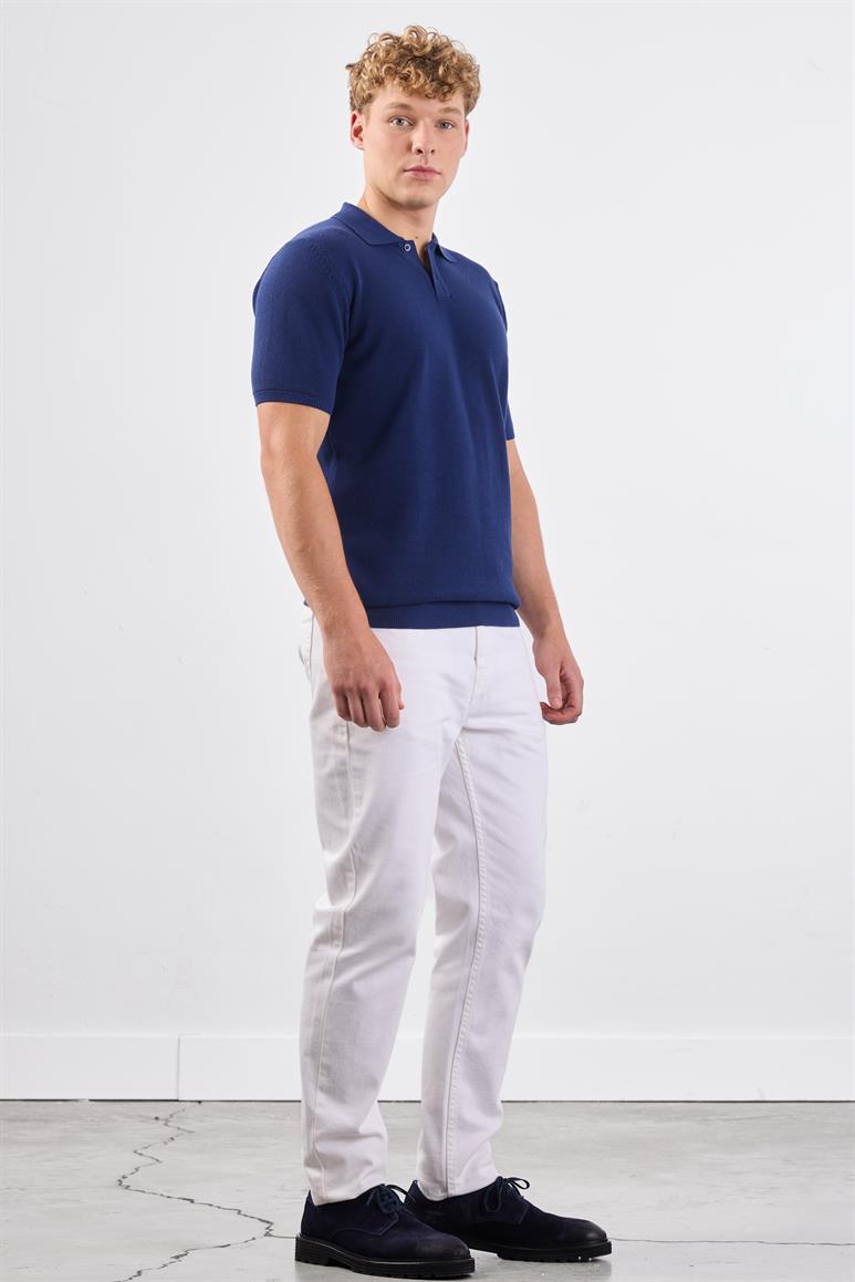 Lacivert Polo Düğme Yaka Düz Renk Slim Fit Erkek Triko