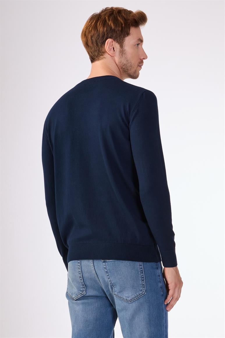 Lacivert Bisiklet Yaka %100 Pamuk Düz Renk Slim Fit Erkek Triko