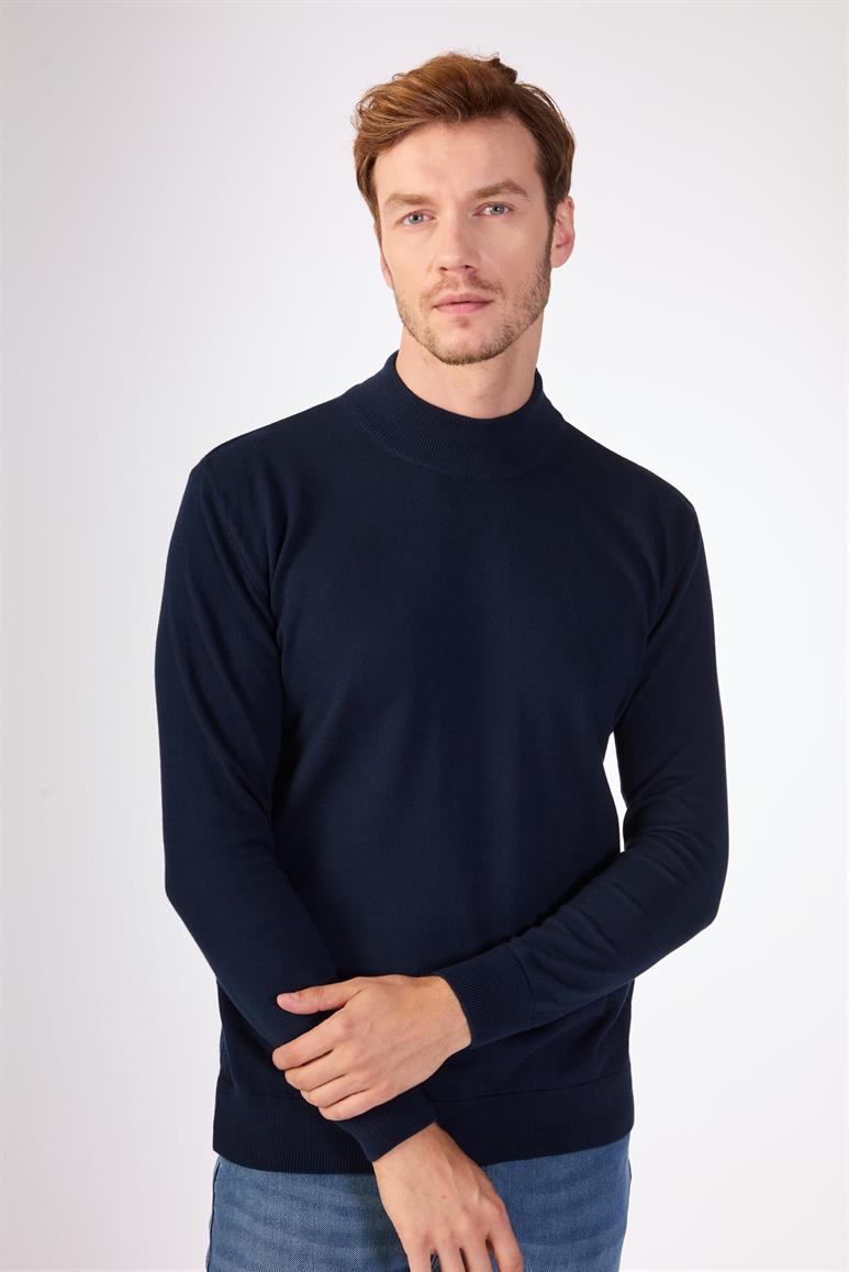 Lacivert Yarım Balıkçı %100 Pamuk Düz Renk Slim Fit Erkek Triko