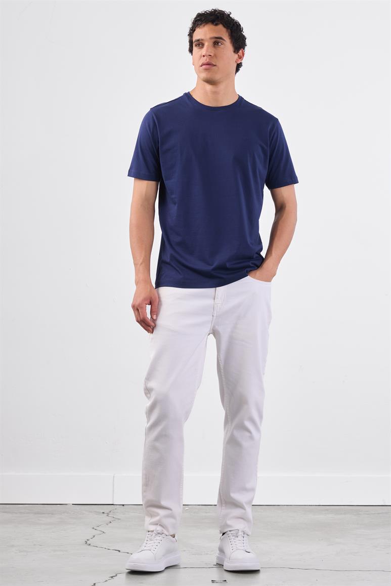 Lacivert Bisiklet Yaka Pamuklu Düz Renk Slim Fit Erkek T-shirt