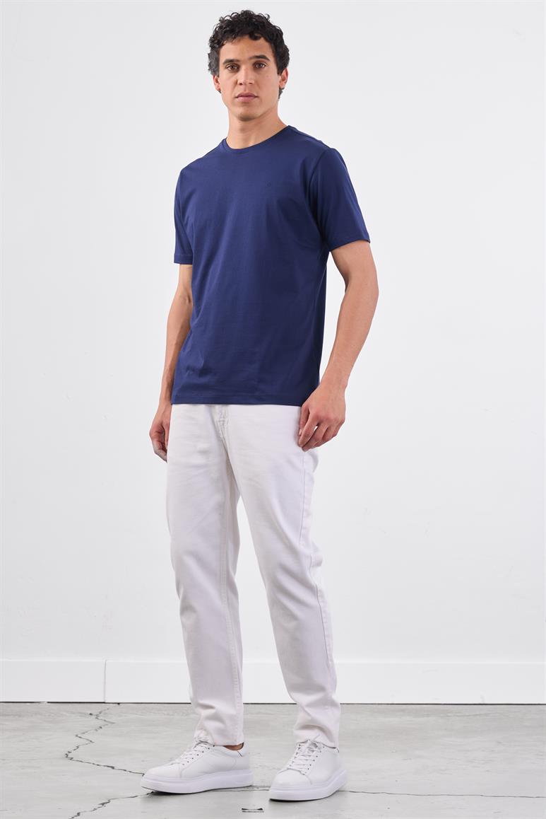 Lacivert Bisiklet Yaka Pamuklu Düz Renk Slim Fit Erkek T-shirt