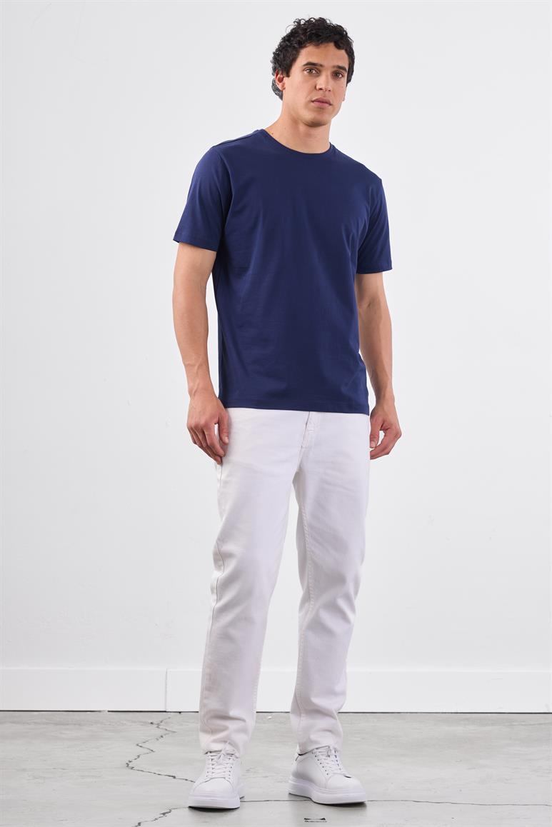 Lacivert Bisiklet Yaka Pamuklu Düz Renk Slim Fit Erkek T-shirt