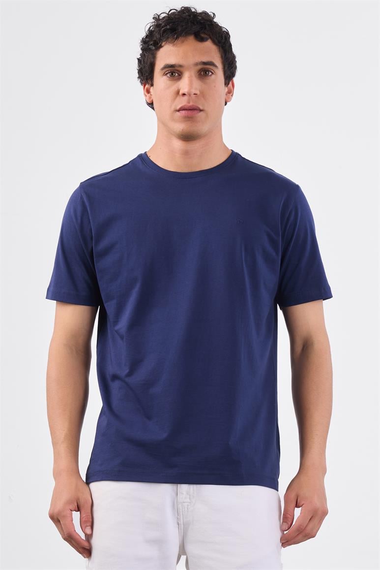 Lacivert Bisiklet Yaka Pamuklu Düz Renk Slim Fit Erkek T-shirt