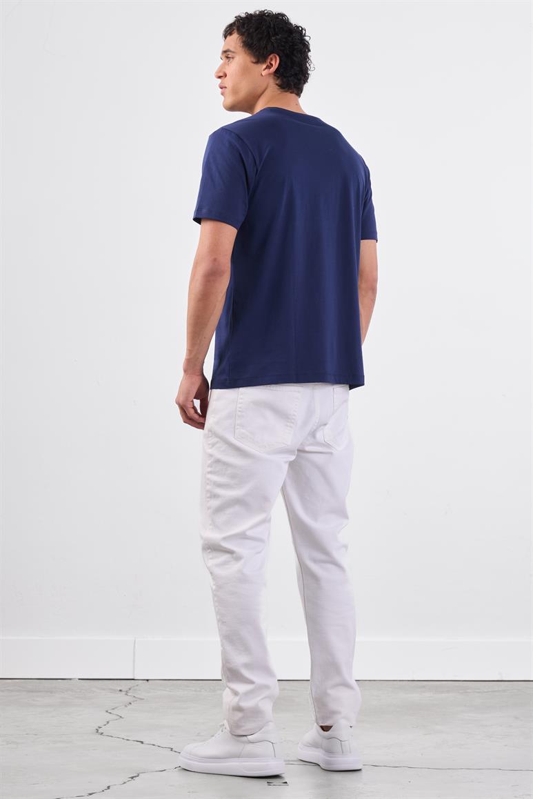 Lacivert Bisiklet Yaka Pamuklu Düz Renk Slim Fit Erkek T-shirt
