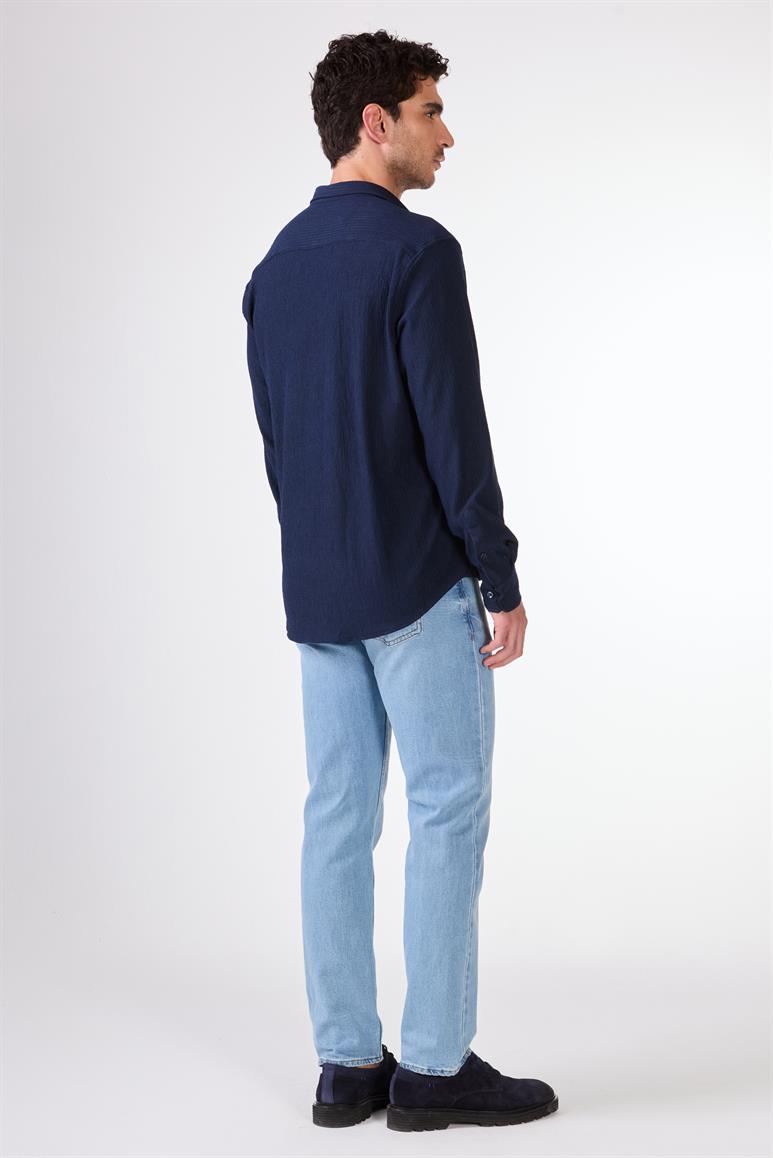Lacivert Gofreli Düz Renk Regular Fit Erkek Gömlek