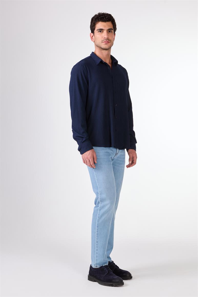 Lacivert Gofreli Düz Renk Regular Fit Erkek Gömlek
