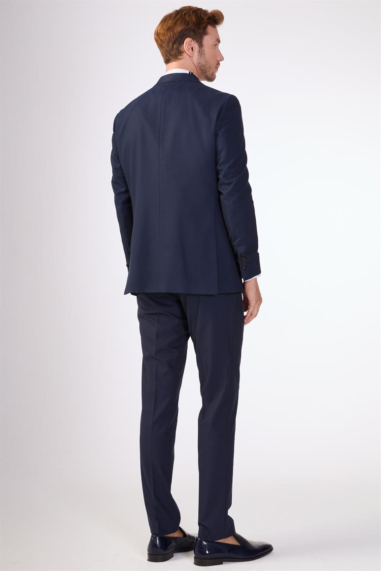 Lacivert Erkek Modern Fit Armürlü Mono Yaka Smokin Takım 