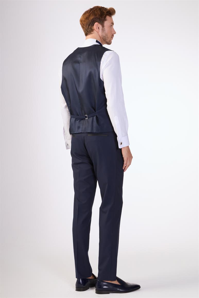 Lacivert Erkek Modern Fit Armürlü Mono Yaka Smokin Takım 