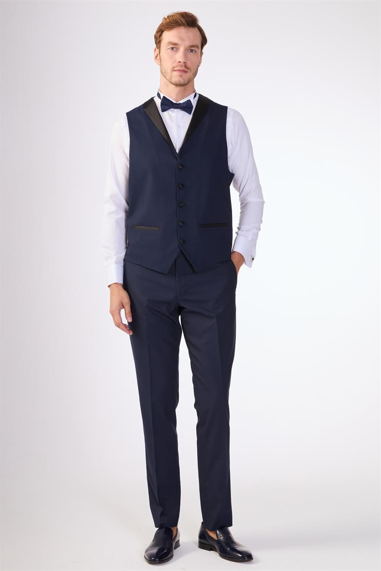 Lacivert Erkek Modern Fit Armürlü Mono Yaka Smokin Takım 