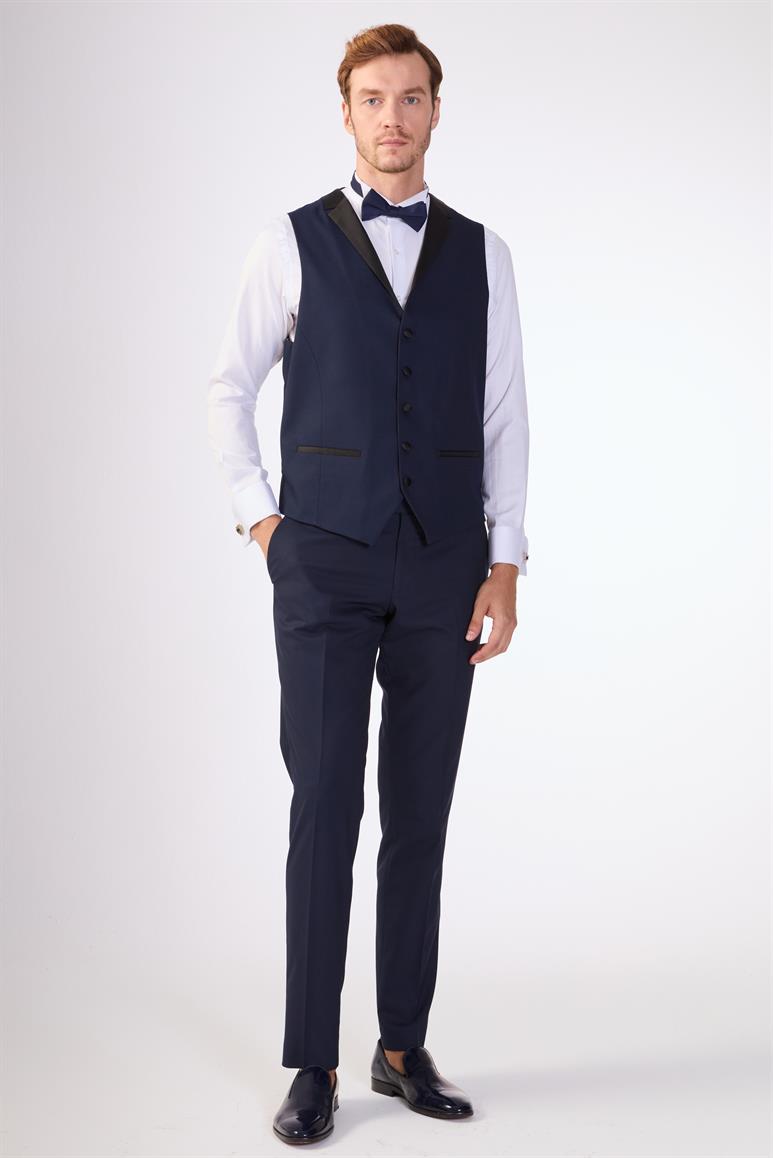 Lacivert Erkek Modern Fit Armürlü Mono Yaka Smokin Takım 