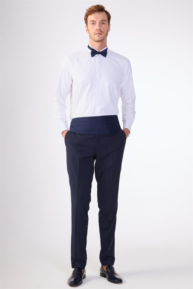 Lacivert Erkek Modern Fit Çizgili Şal Yaka Smokin Takım 