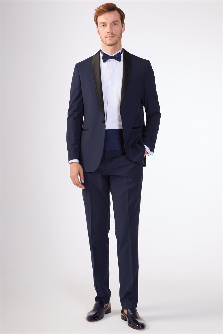 Lacivert Erkek Modern Fit Çizgili Şal Yaka Smokin Takım 