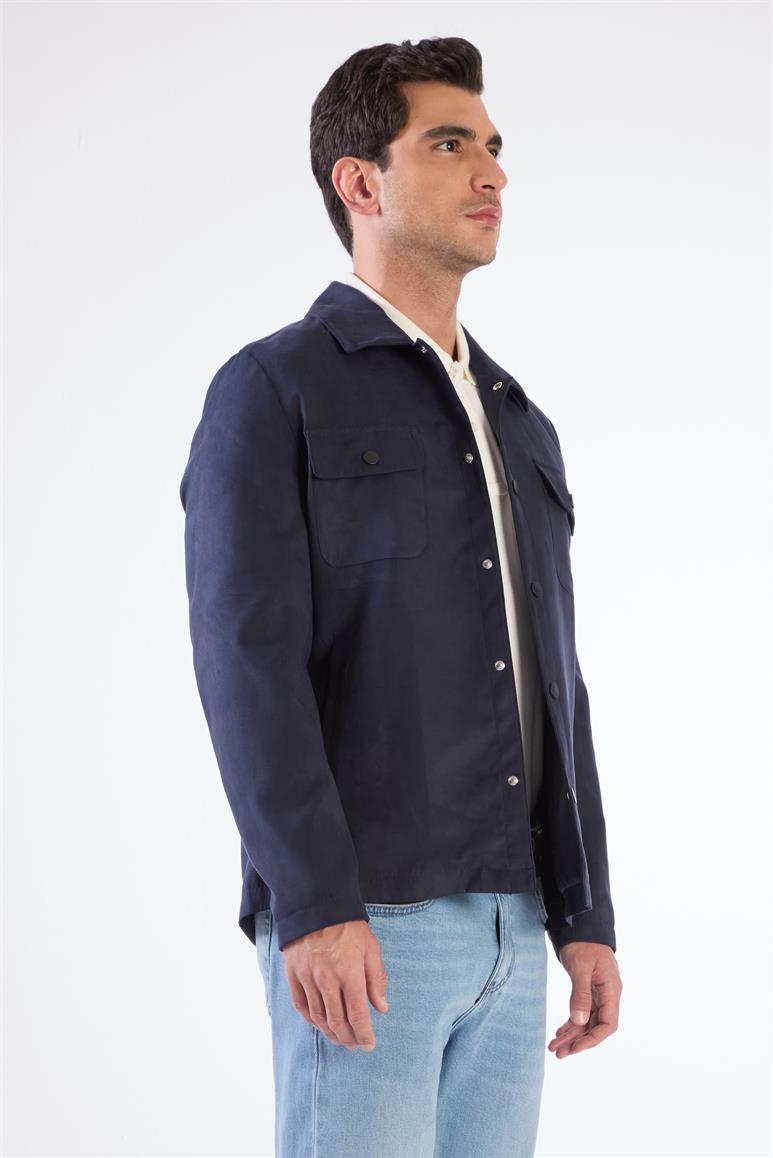 Lacivert Erkek Regular Fit Düz Klasik Yaka Süet Mont 