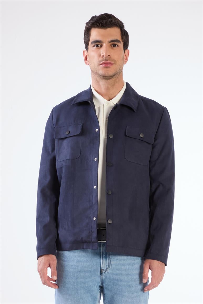 Lacivert Erkek Regular Fit Düz Klasik Yaka Süet Mont 