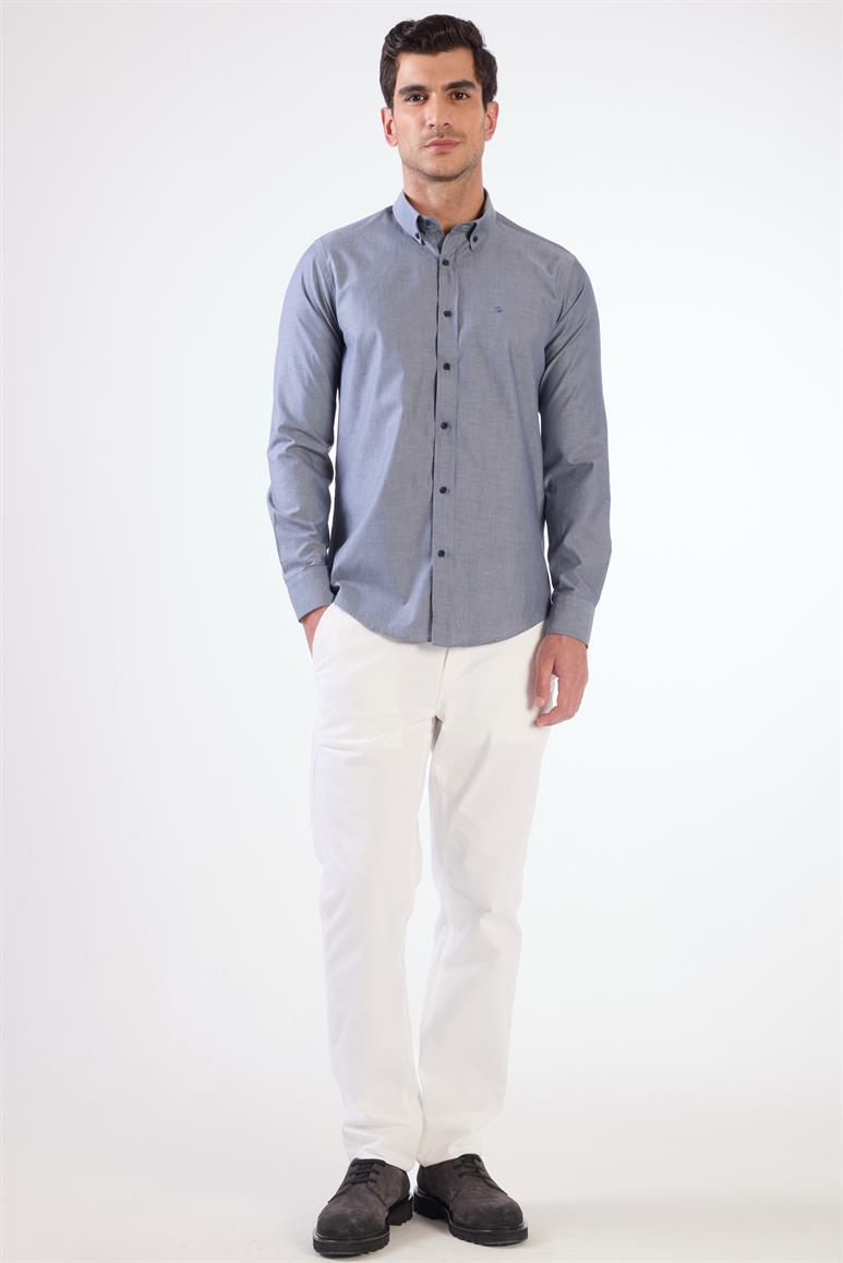 Lacivert Erkek Regular Fit Melanj Desenli Düğmeli Yaka Uzun Kol Gömlek 